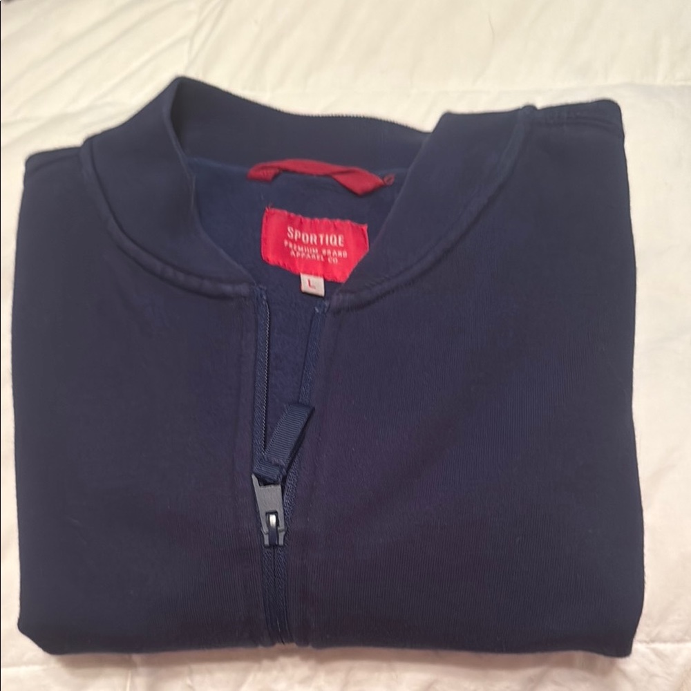 Blue Zip up Sweatshirt with Fold in Collar.